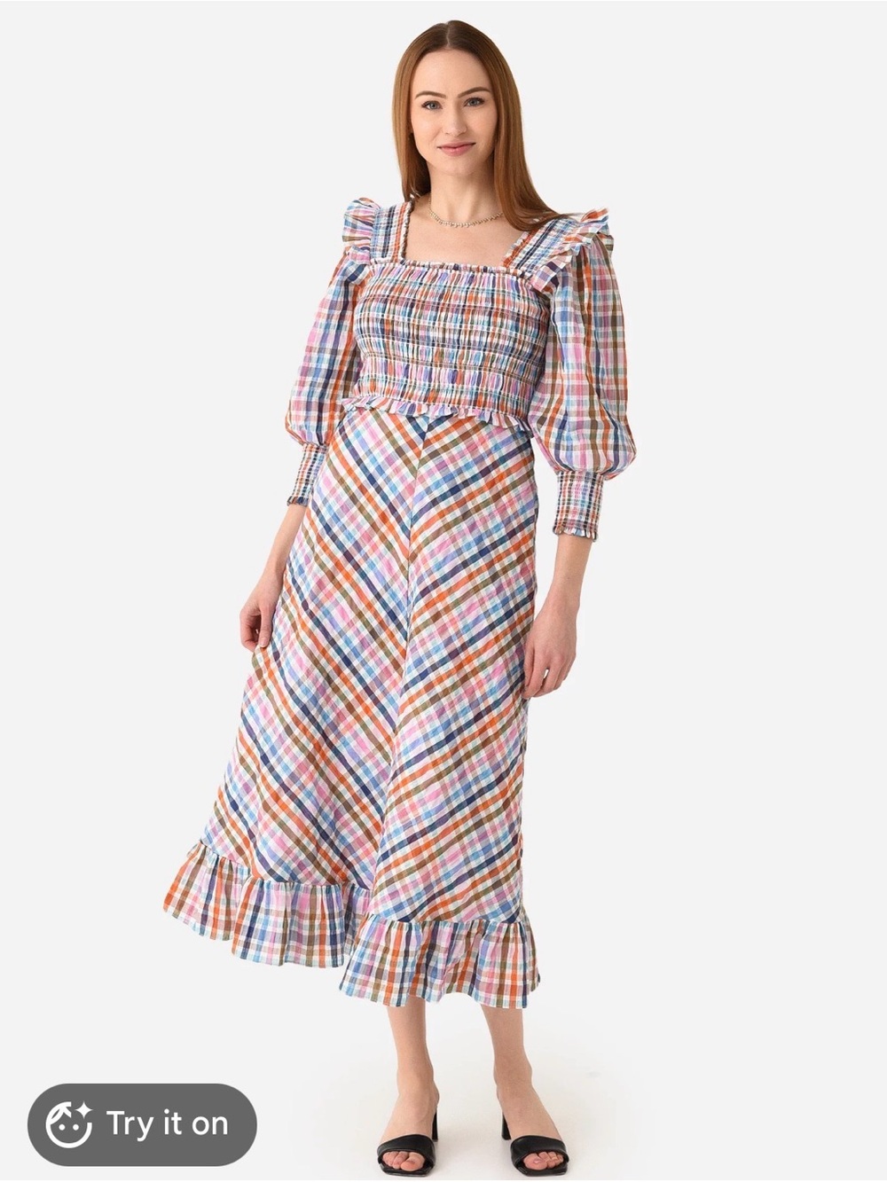 HUNTER BELL Annie Smocked Square-Neck Midi Dress in Multicolor Plaid